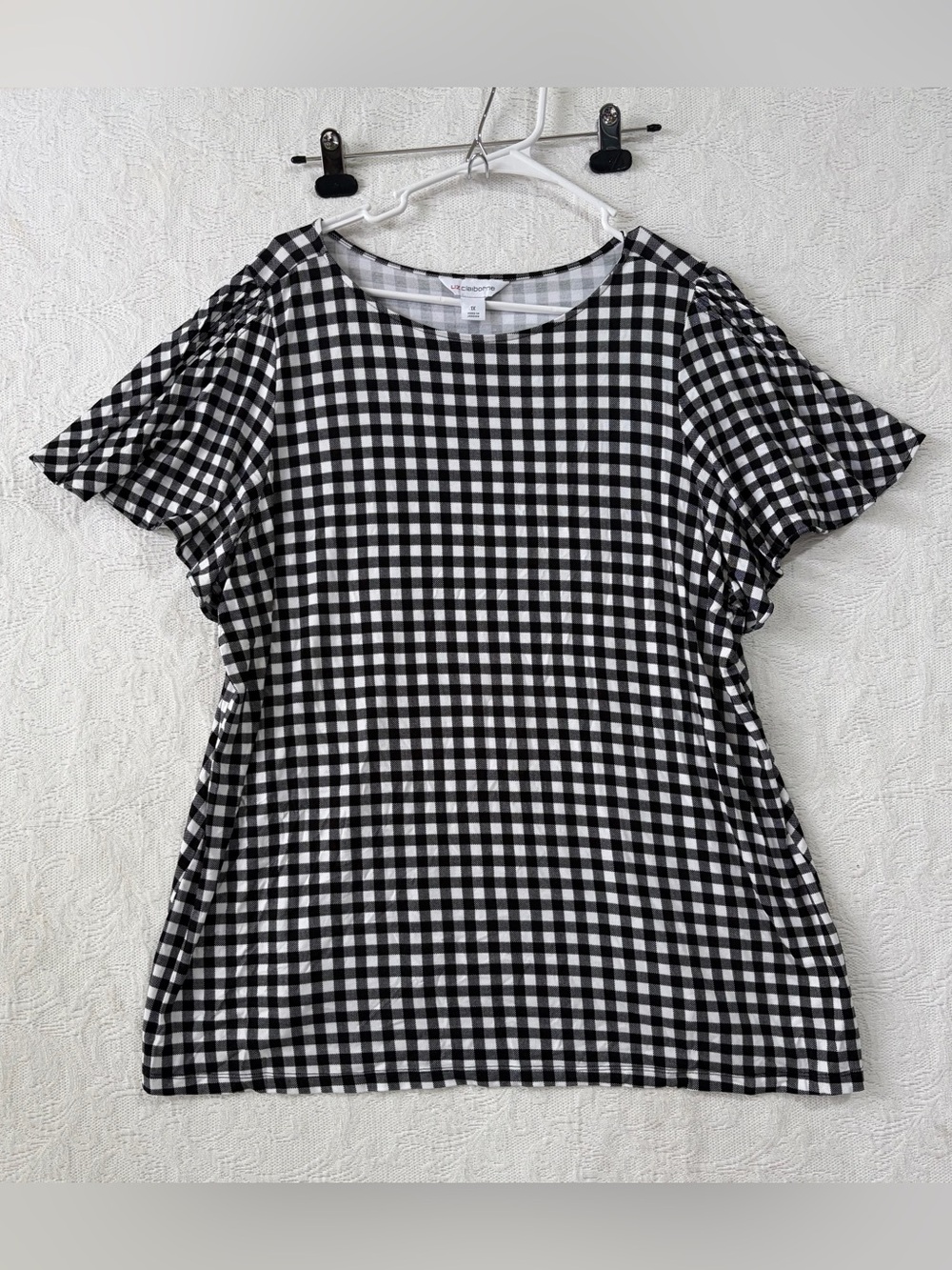 Liz Claiborne Black & White Gingham Short Flutter Sleeve Top